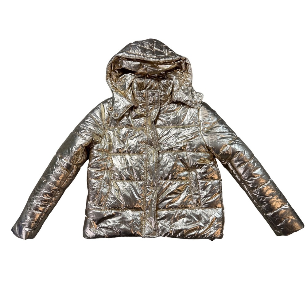 DELUC Puffer Jacket Womens L Gold Excellent Metallic Hooded Quilted 5265D